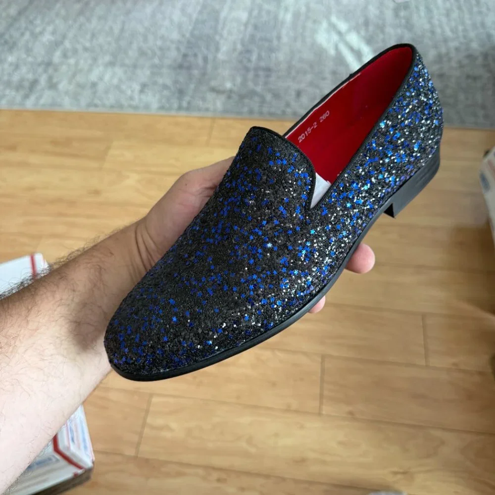 Santimon Men's US 7.5-12 Blue Sequins Glitter Smoking Loafers Casual Shoes  Plea
